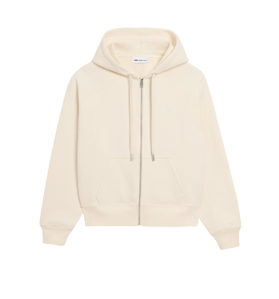 White/Cream Zipped Hoodie With Tonal Embossed Ami De Coeur