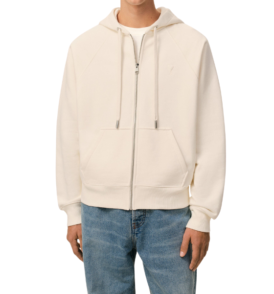 White/Cream Zipped Hoodie With Tonal Embossed Ami De Coeur