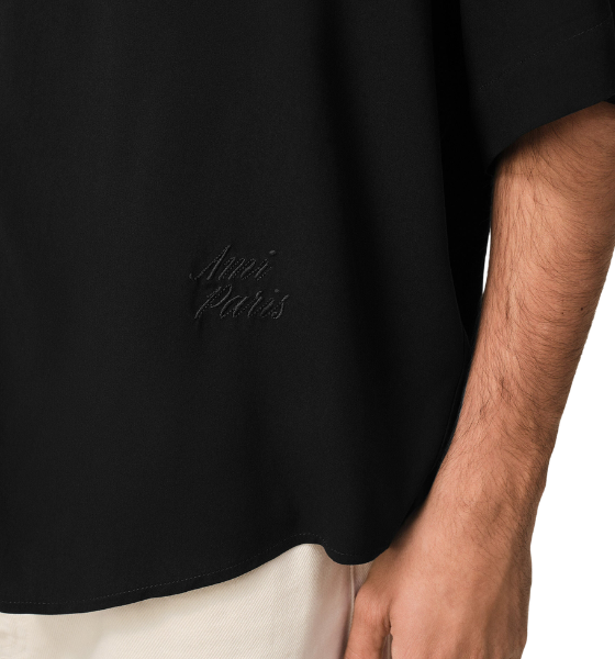 Black Short Sleeve Boxy Camp Collar Shirt