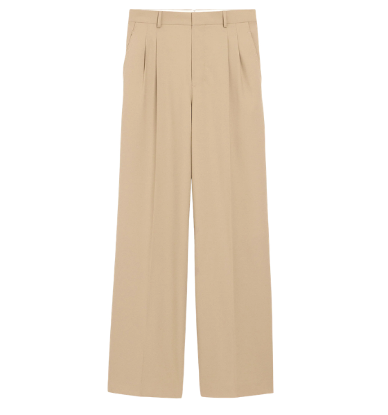 Taupe Beige Wool Low Waist Wide Two Pleated Trousers