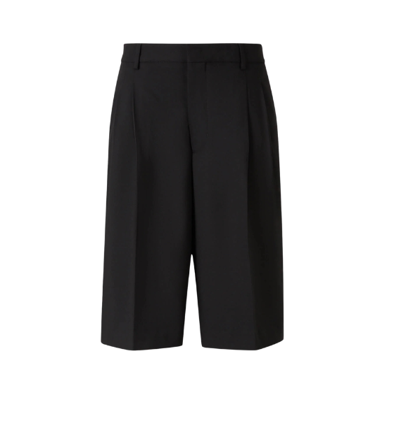 Black Two Pleats Wide Bermuda Wool Shorts