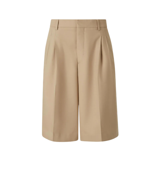 Taupe Beige Two Pleats Wide Bermuda Light Cotton Shorts