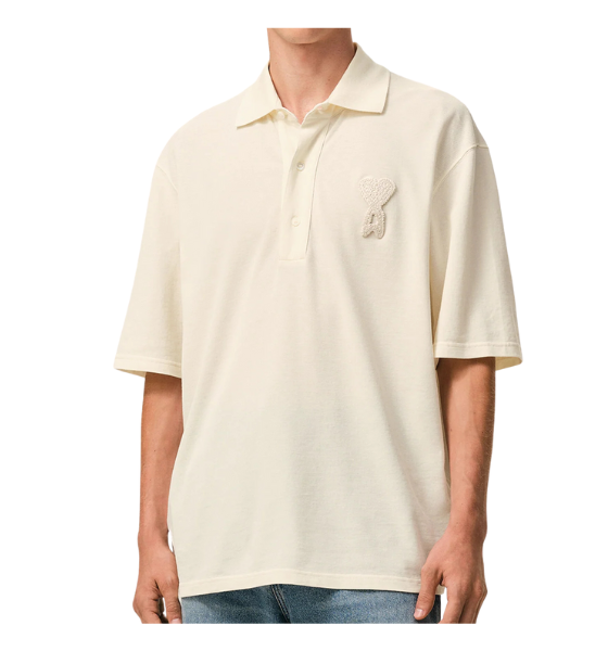 White Cream Super Light Pique Boxy Fit Ami De Coeur Knitted Patch Polo Shirt