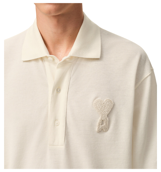 White Cream Super Light Pique Boxy Fit Ami De Coeur Knitted Patch Polo Shirt