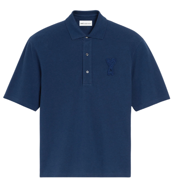 Blue Ink Super Light Pique Boxy Fit Ami De Coeur Knitted Patch Polo Shirt