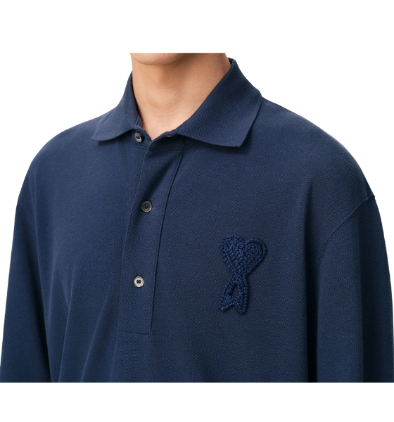 Blue Ink Super Light Pique Boxy Fit Ami De Coeur Knitted Patch Polo Shirt