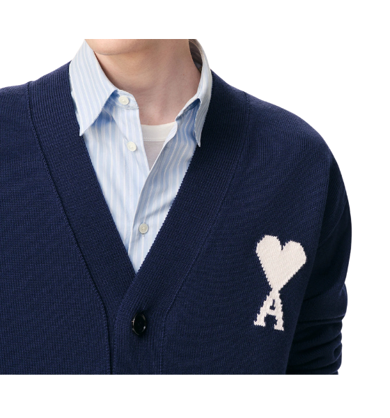 Blue Ink/Off White Ami De Coeur Wool Cotton Knit Cardigan