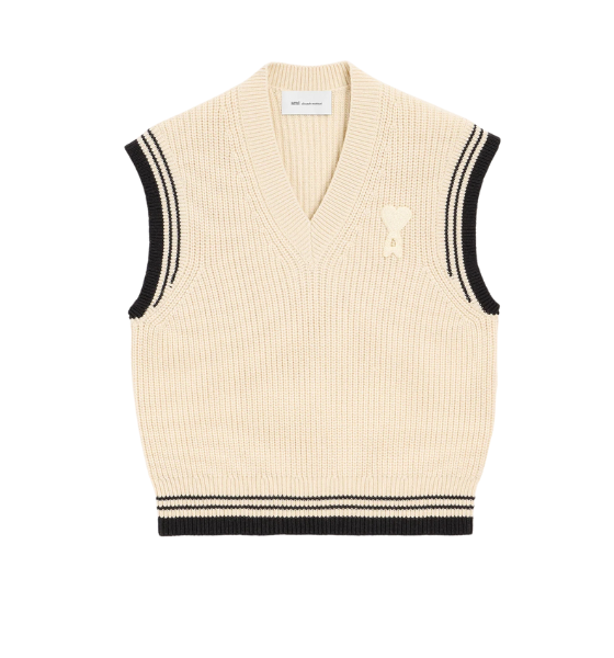White Cream Wool Cotton Sleeveless Sweater Ami De Coeur V Neck Ribbed College Knit