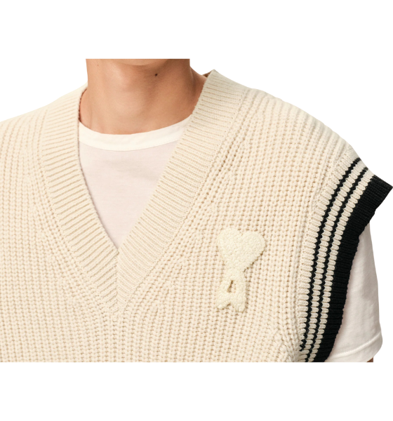 White Cream Wool Cotton Sleeveless Sweater Ami De Coeur V Neck Ribbed College Knit