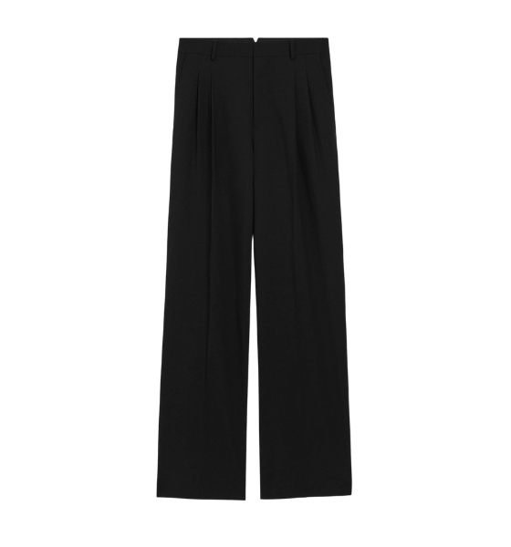 Black Wool Low Waist Wide Two Pleated Trousers