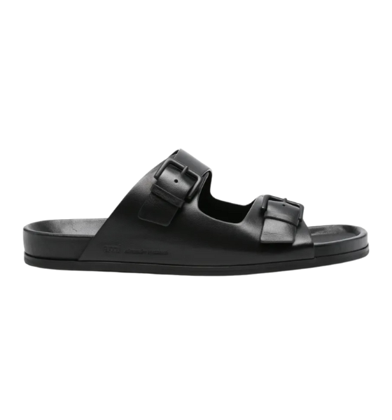 Black Nappa Leather Double Buckles Sandals