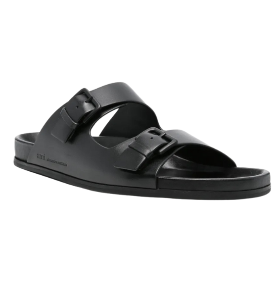 Black Nappa Leather Double Buckles Sandals