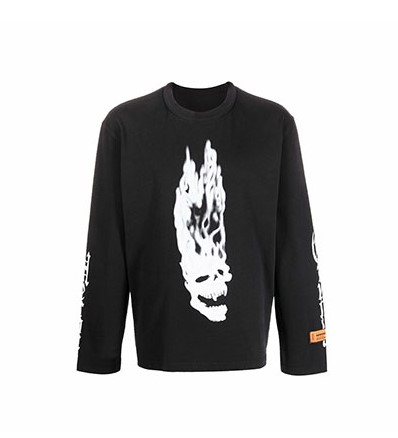 Flaming Skull LS Tee Black White