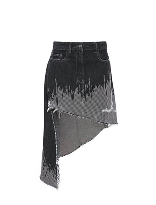 Black Studded Denim Asymmetric Skirt