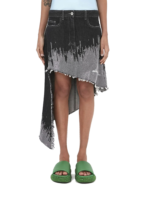 Black Studded Denim Asymmetric Skirt