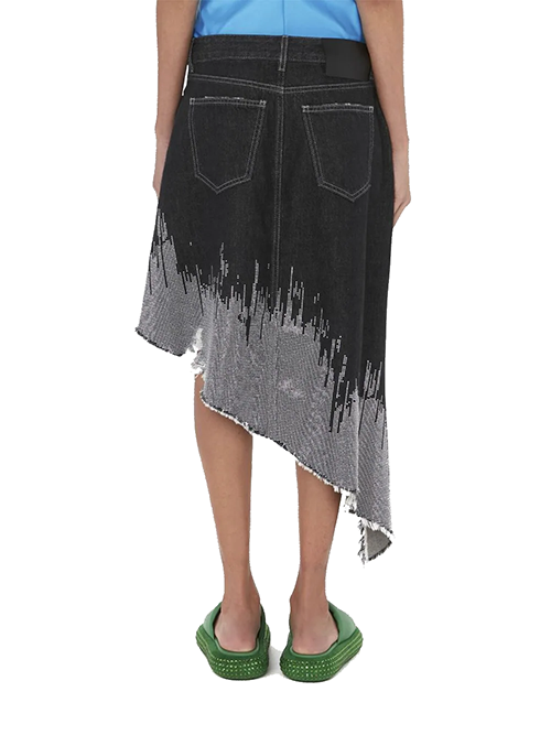 Black Studded Denim Asymmetric Skirt
