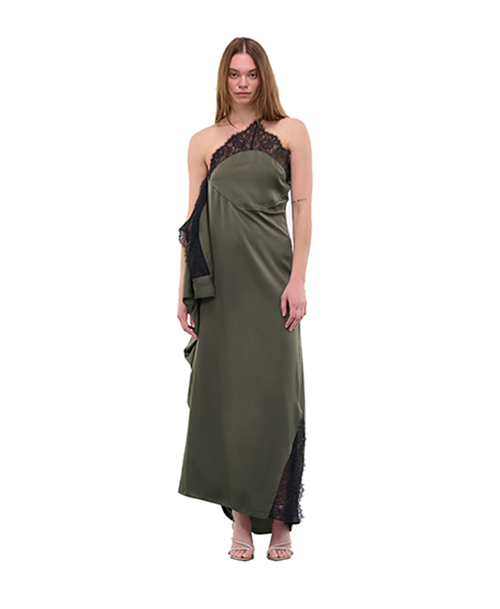 Olive Asymmetric Lace Slip Dress