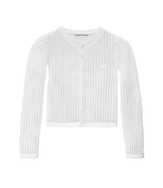 White Knit Cropped Crew Neck Cardigan Embrodered Logo
