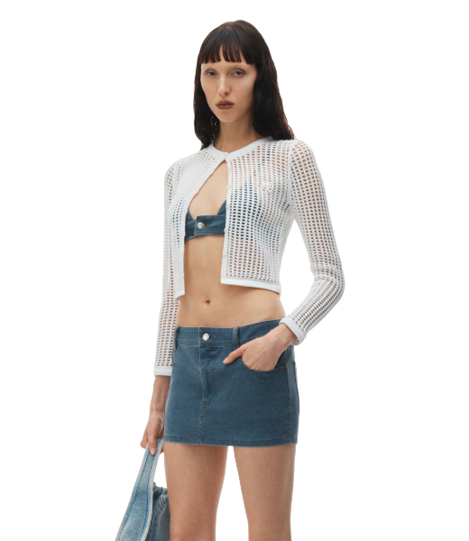 White Knit Cropped Crew Neck Cardigan Embrodered Logo
