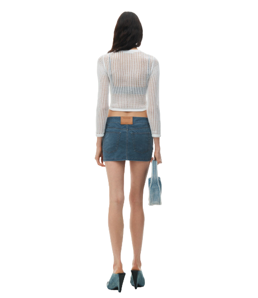 White Knit Cropped Crew Neck Cardigan Embrodered Logo