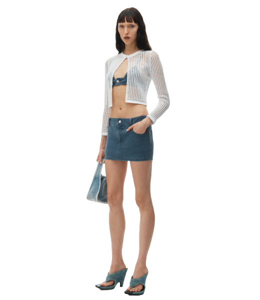 White Knit Cropped Crew Neck Cardigan Embrodered Logo