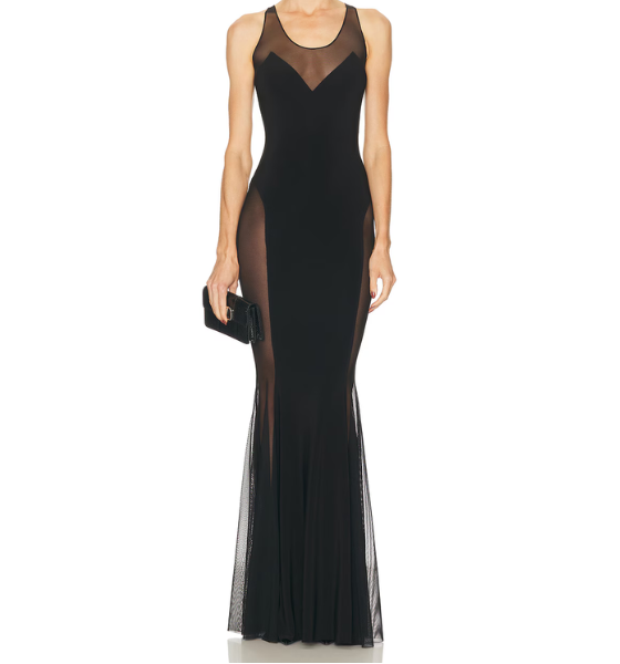 Black Low Back Racer Fishtail Gown With Mesh Sides
