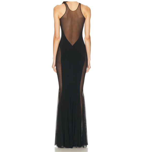 Black Low Back Racer Fishtail Gown With Mesh Sides