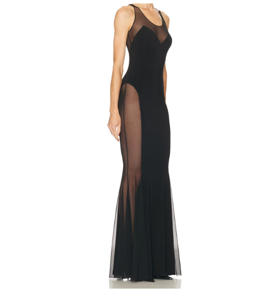 Black Low Back Racer Fishtail Gown With Mesh Sides