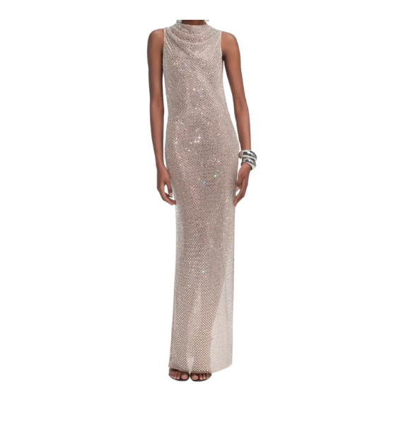 Silver Rhinestone Drape Maxi Dress