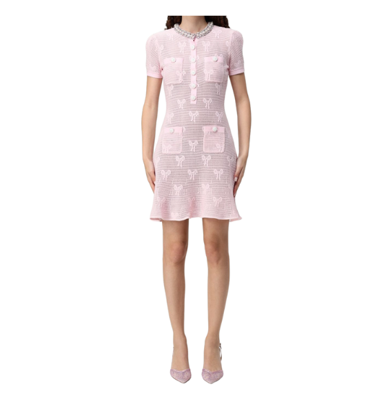 Pink Bow Crochet Crystal Trim Mini Dress