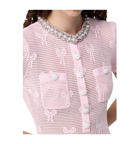 Pink Bow Crochet Crystal Trim Mini Dress
