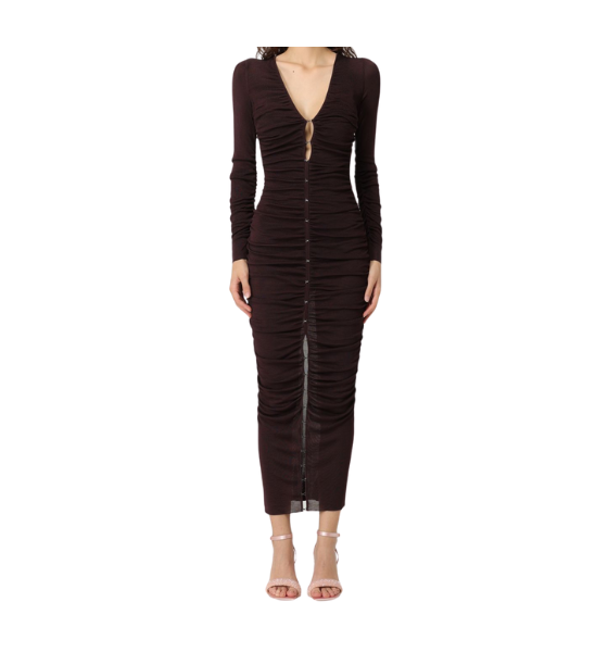 Brown Gathered Knit Midi Dress