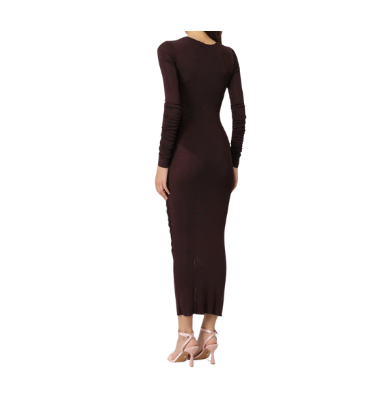 Brown Gathered Knit Midi Dress