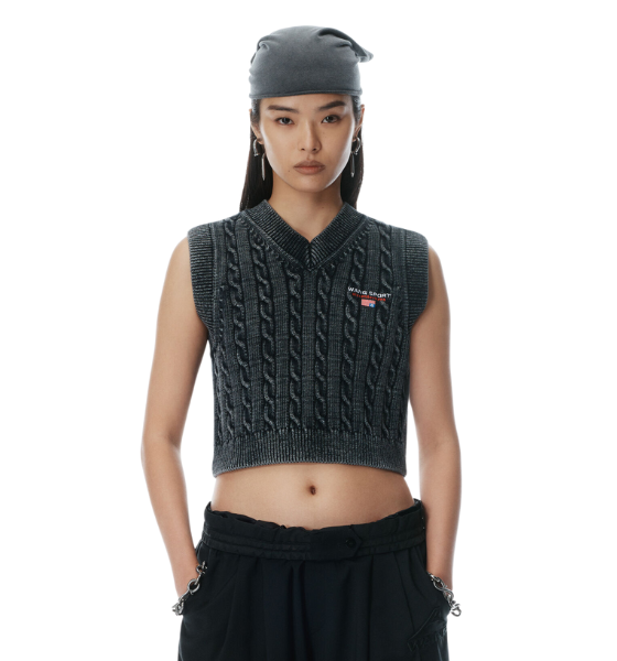 Washed Black V-Neck Vest With Wang Sport Embrodery