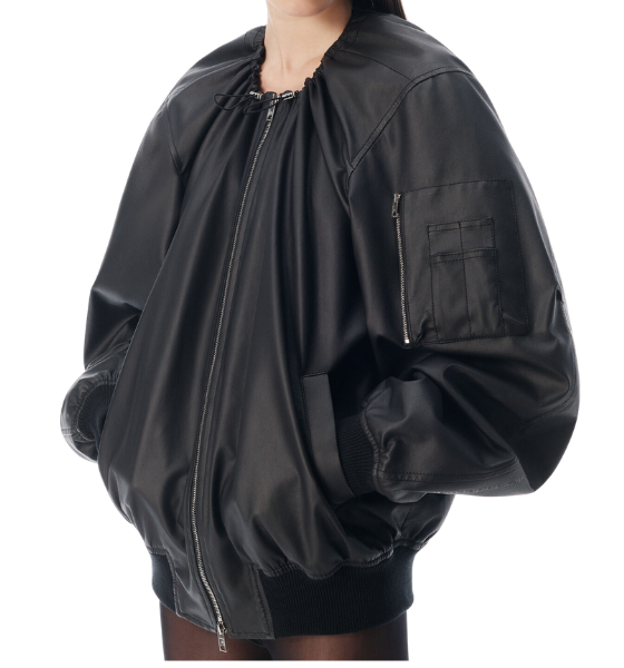 Black Leather Scoop Neck Gathered Bomber Jacket