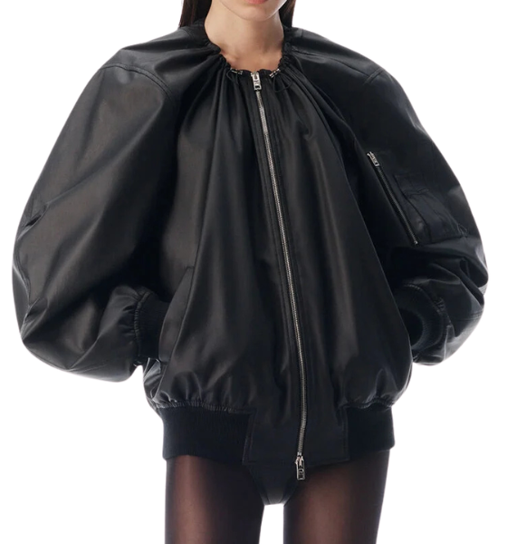 Black Leather Scoop Neck Gathered Bomber Jacket