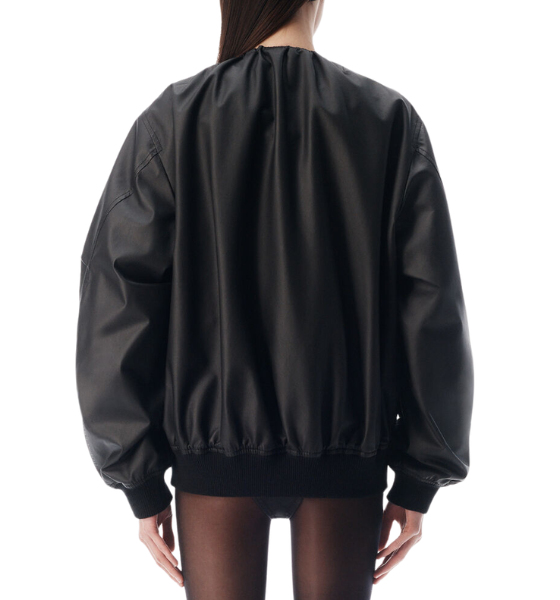 Black Leather Scoop Neck Gathered Bomber Jacket