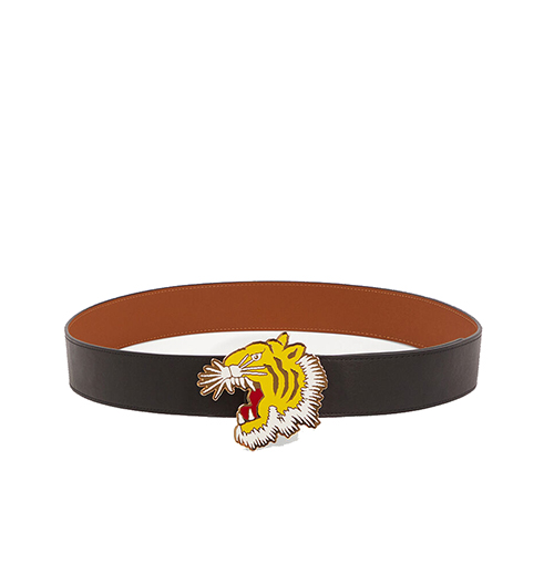 Yellow Gold Tiger Black Leather Belt