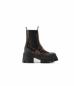 Patent Brown Black Chunky Heel Chelsea Boot