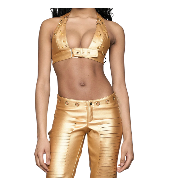 Gold Leather Pierced Halter Top