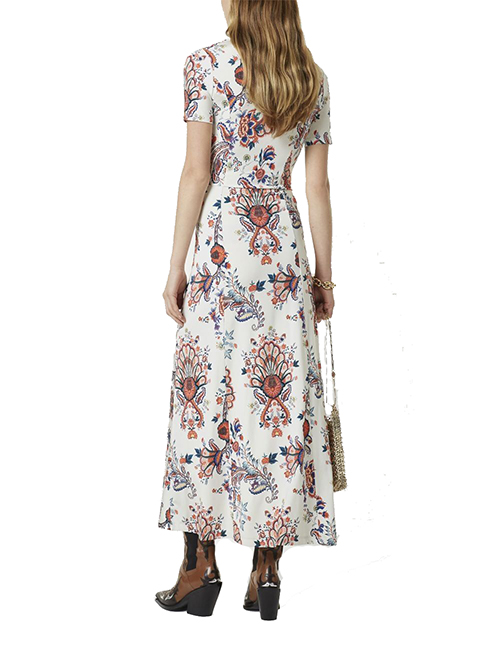 Beige Floral Paisley Long Drapped Dress