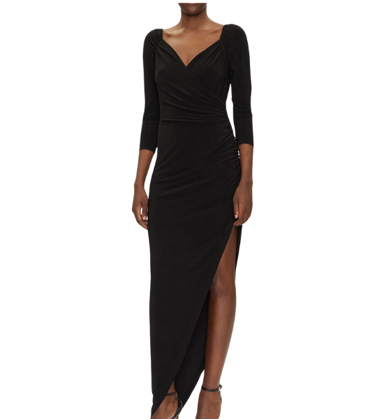Black Off Shoulder Sweetheart Side Drape Gown