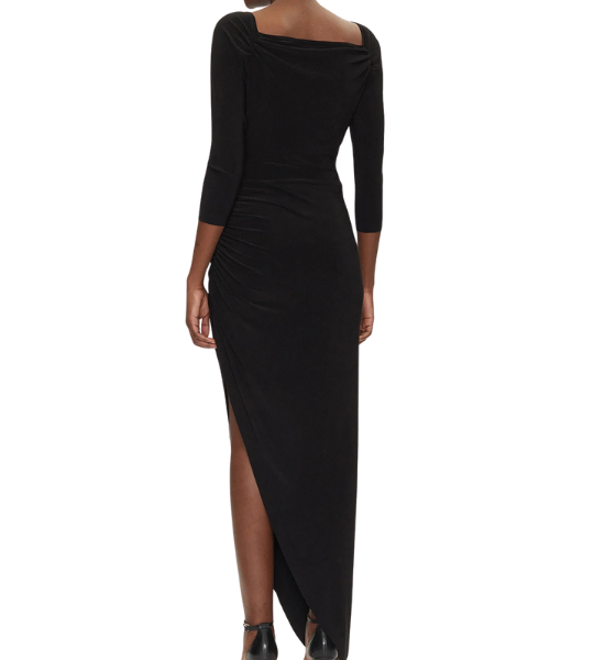 Black Off Shoulder Sweetheart Side Drape Gown