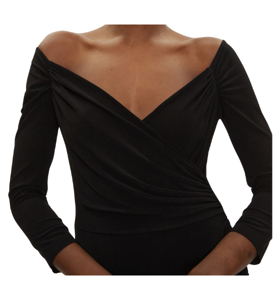 Black Off Shoulder Sweetheart Side Drape Gown