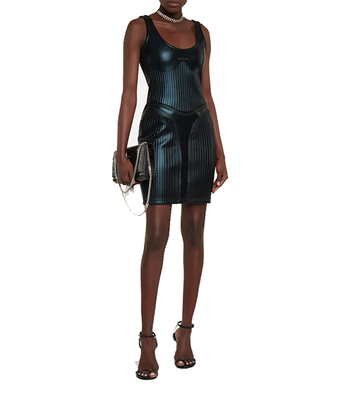 Black Sleeveless Shiny Embossed Elastic Dress