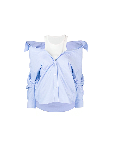 Off-Shoulder White Tank Oxford Light Blue Shirt
