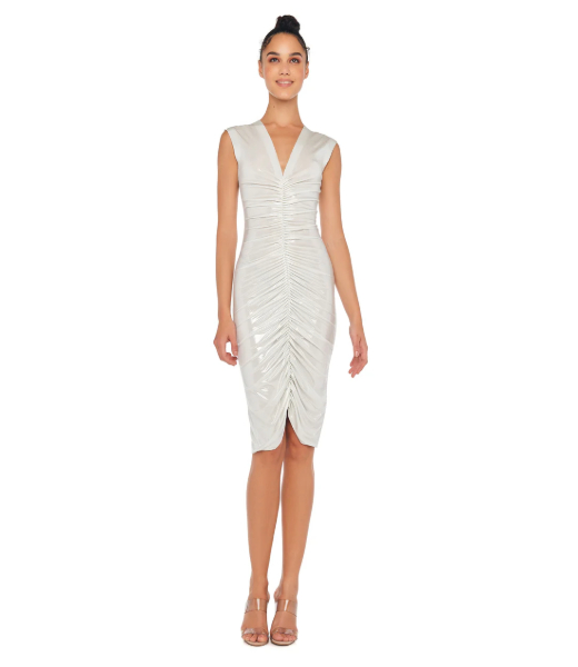 Strapless Sleevless Deep V Neck Shired Frontl Pearl Dress to knee