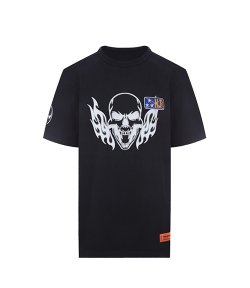 Black White T-Shirt Reg Flaming Skull
