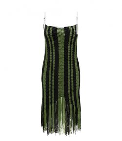 Fringe Detail Black Green Camisole Dress