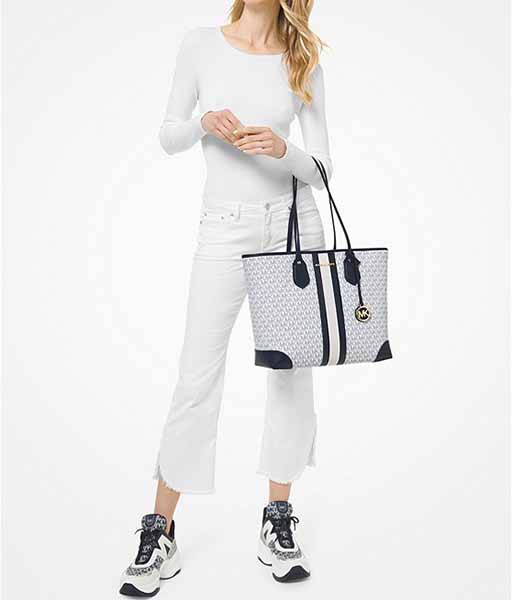 Eva White & Navy Tote Bag